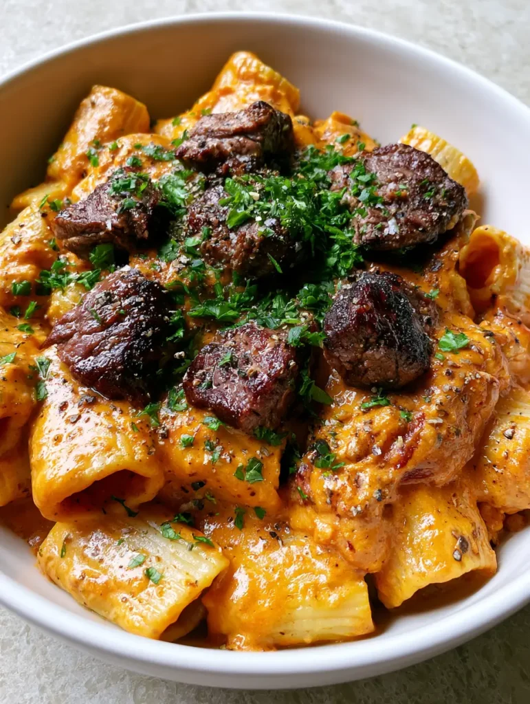 A handheld smartphone photo of creamy Cajun Steak Pasta in a shallow white bowl with fresh parsley garnish.