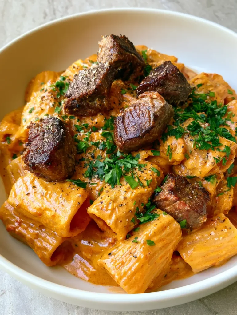 Cajun Steak Pasta with Creamy Parmesan Sauce 1 Close up of caramelized steak tips on top of orange-hued rigatoni pasta (Cajun Steak Pasta).