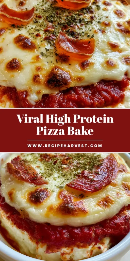 A close-up vertical shot of a Pizza Cottage Cheese Bake in a white ramekin with melted bubbly mozzarella and crispy pepperoni slices.