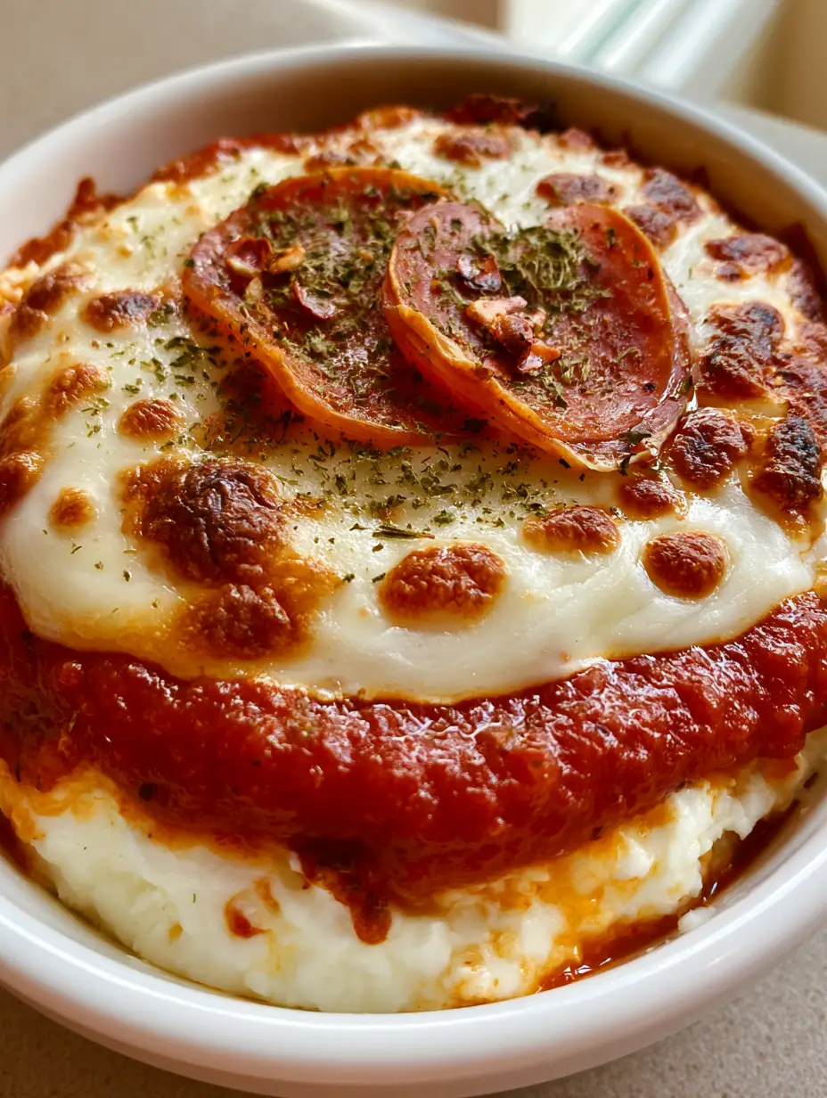 Handheld smartphone photo of a Pizza Cottage Cheese Bake showing a thick layer of marinara and charred mozzarella cheese.