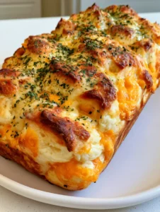 Close-up of the craggy, golden-brown top of the Red Lobster Cheese Biscuit Loaf showing bubbling orange cheddar cheese pockets.