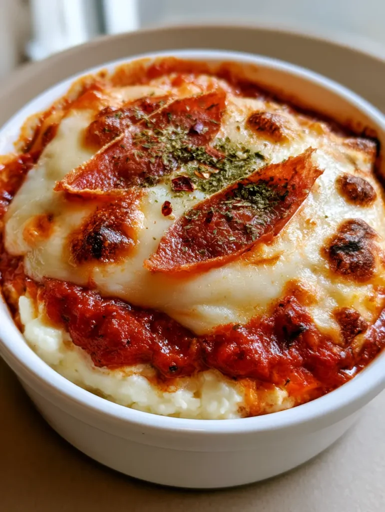 Overhead view of a Pizza Cottage Cheese Bake with crispy pepperoni and green oregano flakes on a neutral countertop.