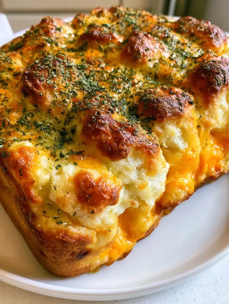 A rectangular pull-apart cheese bread loaf glistening with garlic butter and dried parsley flakes on a white plate. (Red Lobster Cheese Biscuit Loaf)