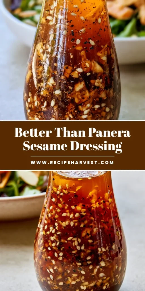 A glass carafe of Asian Sesame Salad Dressing showing layers of oil and soy sauce with suspended seeds.