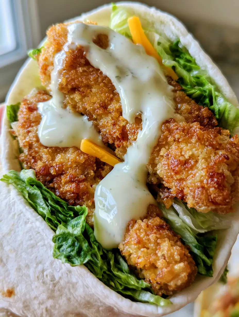 Close up shot of golden-brown chicken strips with a craggy texture and orange cheddar cheese inside a Crispy Chicken Ranch Wrap.