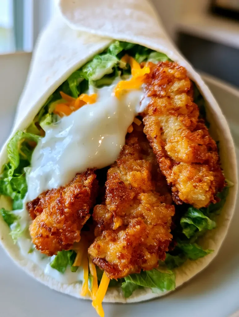 Side view of a Crispy Chicken Ranch Wrap held by a hand, showing the layers of lettuce, ranch dressing, and melted cheese.