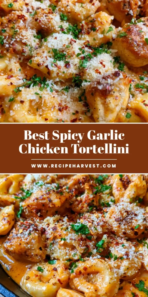 Spicy Garlic Butter Chicken Tortellini: The Ultimate One-Pan Dinner 3 A black cast iron skillet filled with Spicy Garlic Butter Chicken Tortellini, featuring seared chicken chunks and a glossy orange sauce dusted with parmesan.