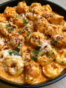 Smartphone photo of Spicy Garlic Butter Chicken Tortellini in a black cast iron skillet with heavy parmesan dusting and fresh parsley.