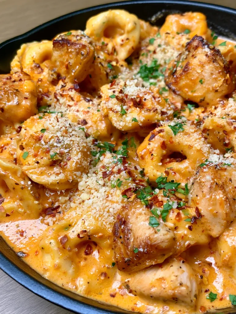 Spicy Garlic Butter Chicken Tortellini: The Ultimate One-Pan Dinner 1 Close up view of golden-brown seared chicken chunks and spicy garlic butter sauce in a cast iron pan.