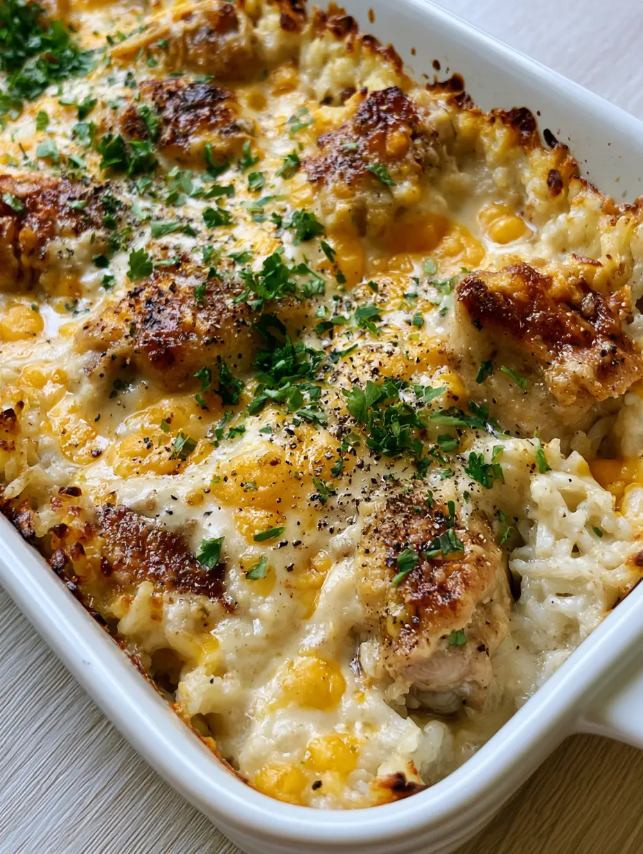 Top-down view of One-Pan Chicken and Rice Bake showing golden-brown chicken thighs nestled in fluffy rice with melted cheese bubbles.