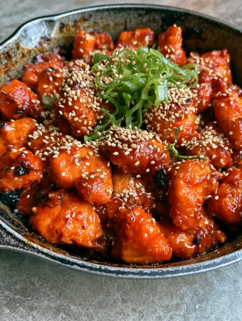 Detailed texture shot of caramelized gochujang glaze on charred chicken edges.