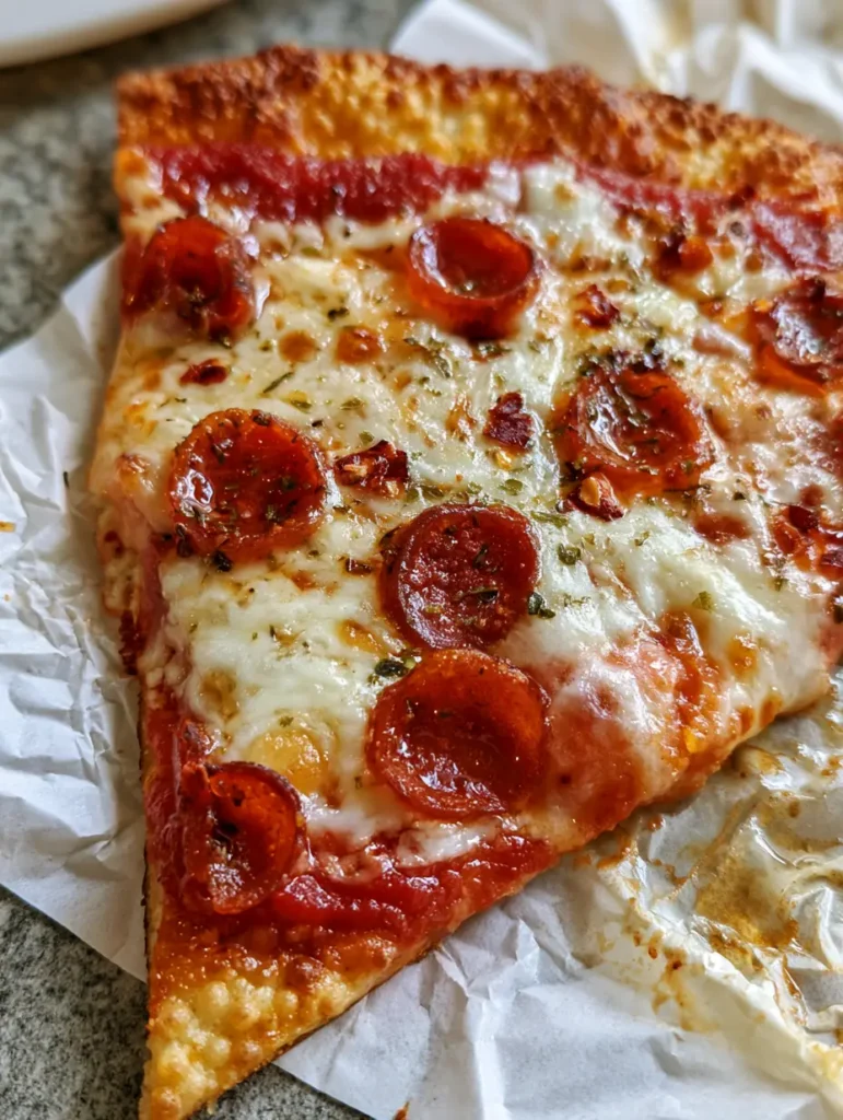 Cottage Cheese Pizza Crust: The Ultimate Crispy, Low-Carb Recipe 1 Macro shot of a pizza slice showing a glistening oily sheen on crispy pepperoni slices and vibrant red sauce.
