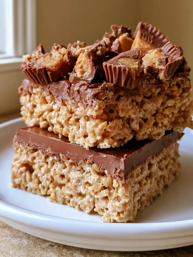 A handheld smartphone photo showing the texture of a thick Chocolate Peanut Butter Rice Krispie Treat with visible golden cereal and chopped peanut butter cups.