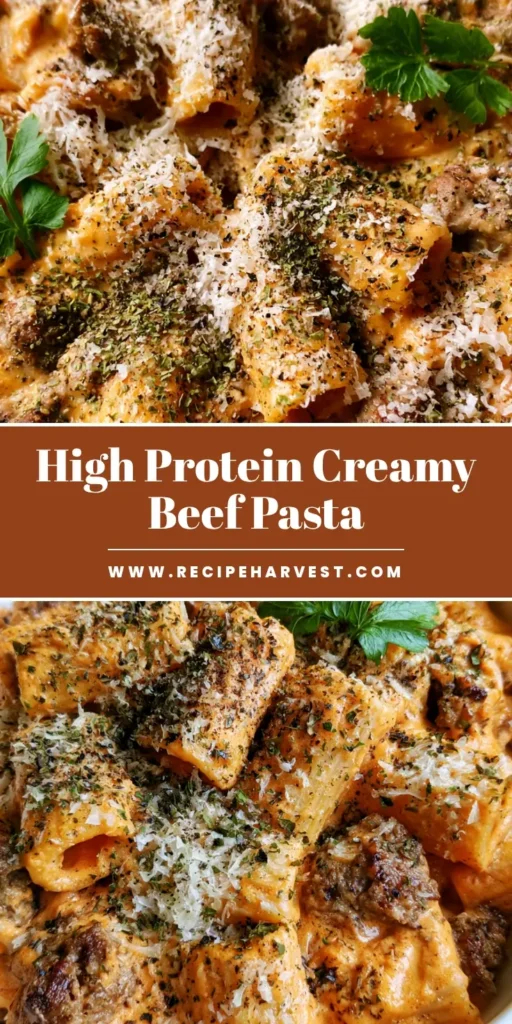 High Protein Beef Pasta with Creamy Cheddar and Rigatoni 4 A close-up vertical shot of High Protein Beef Pasta in a white bowl, showing matte orange cheddar sauce, browned beef, and fresh parsley garnish.