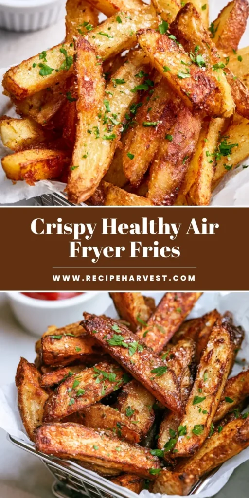 A pile of golden-brown Air Fryer Fries in a silver wire basket with parsley and a side of ketchup.