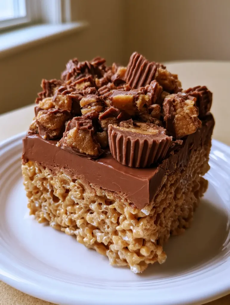 Chocolate Peanut Butter Rice Krispie Treats: The Ultimate No-Bake Layered Dessert 1 A stack of square-cut Chocolate Peanut Butter Rice Krispie Treats on a white ceramic plate, showcasing the smooth milk chocolate layer and ridged edges of chopped peanut butter cups.