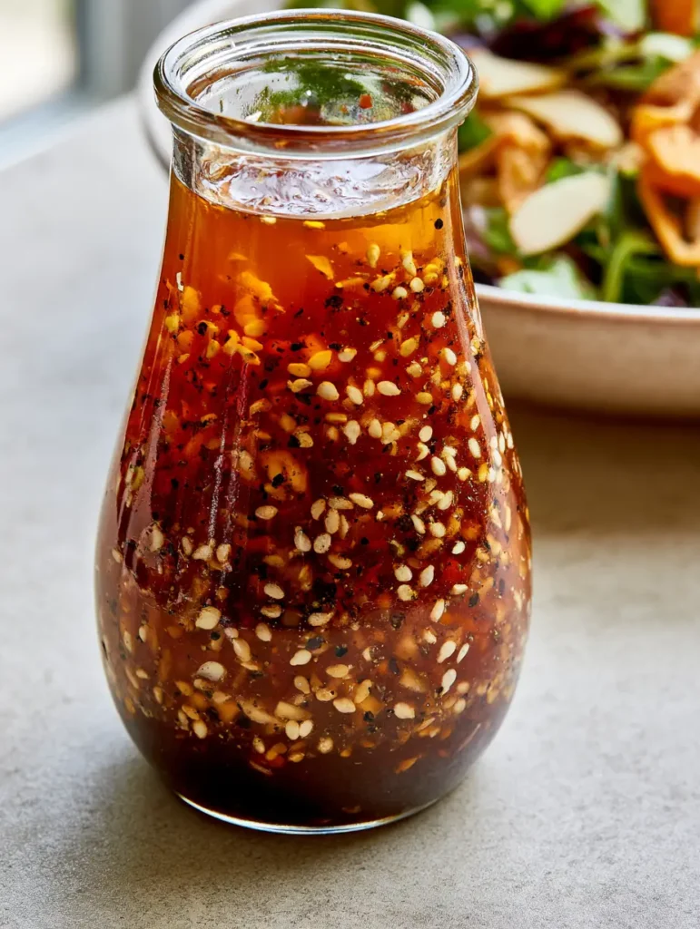 Asian Sesame Salad Dressing on a matte surface with a salad in the background.