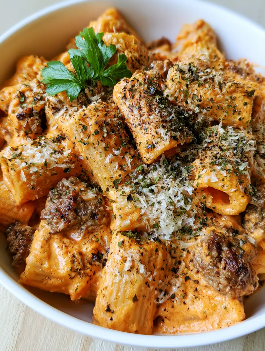 High Protein Beef Pasta with Creamy Cheddar and Rigatoni 3 Top-down view of High Protein Beef Pasta showing rigatoni coated in thick orange cheese sauce with seared beef crumbles.