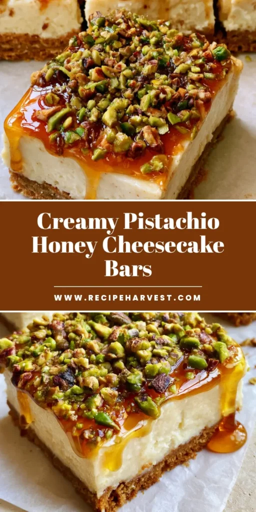 Greek Honey Pistachio Cheesecake Bars: A Mediterranean Dessert Dream 4 Overhead shot of square-cut Greek Honey Pistachio Cheesecake Bars on rustic white parchment paper with amber honey glaze dripping down the sides.