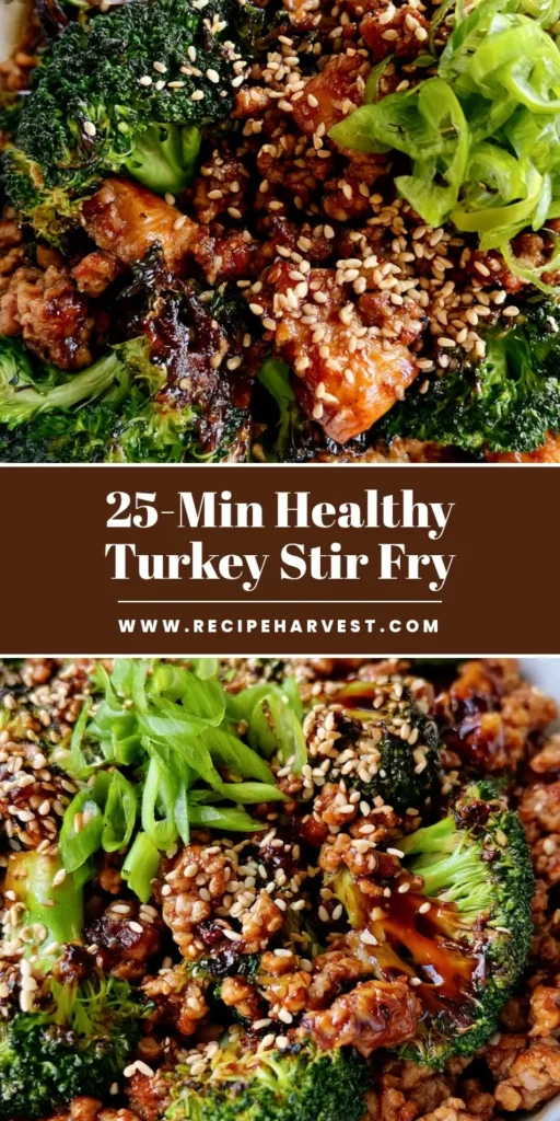 A close-up of Ground Turkey Stir Fry with glossy amber sauce, charred broccoli, sesame seeds and scallions in a white bowl.