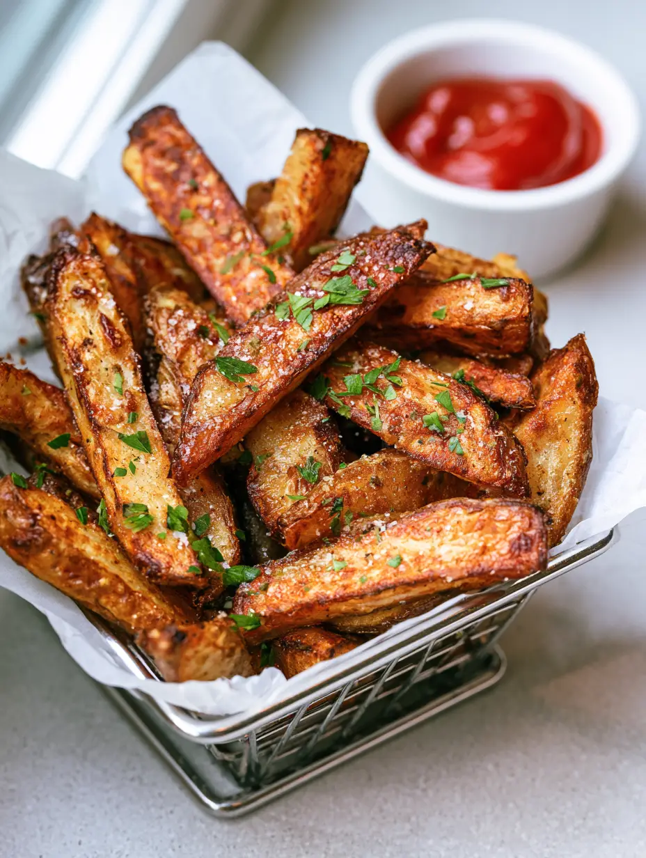 Close-up of hand-cut Air Fryer Fries with blistered edges and fresh parsley dusting.