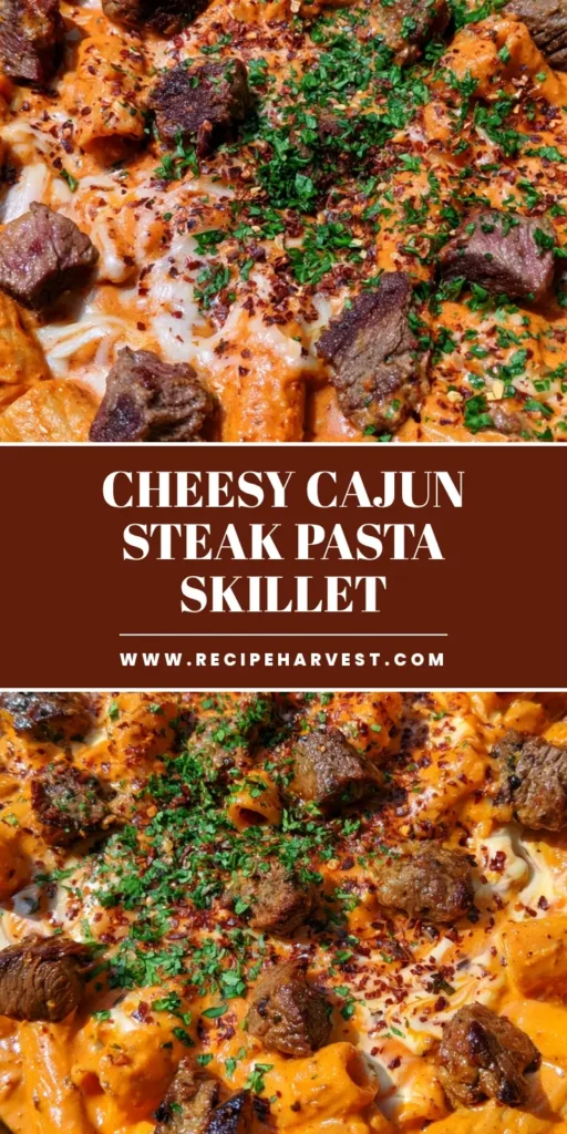 A high-angle shot of a Cajun Steak Pasta Skillet featuring seared steak bites, rigatoni, and creamy orange sauce in a cast iron pan.