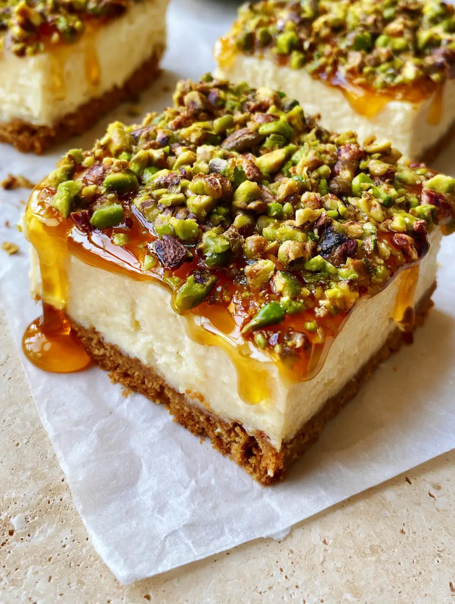 Greek Honey Pistachio Cheesecake Bars: A Mediterranean Dessert Dream 3 Close-up of Greek Honey Pistachio Cheesecake Bars showing the layers of golden crust, cream cheesecake, and vibrant green pistachios.