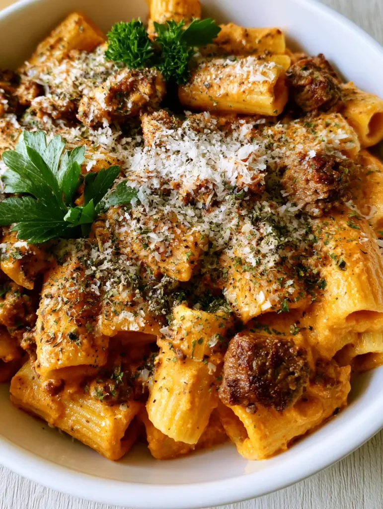 High Protein Beef Pasta with Creamy Cheddar and Rigatoni 1 Close-up of rigatoni pasta tubes in a creamy cheddar beef sauce with heavy parmesan and herb garnish.