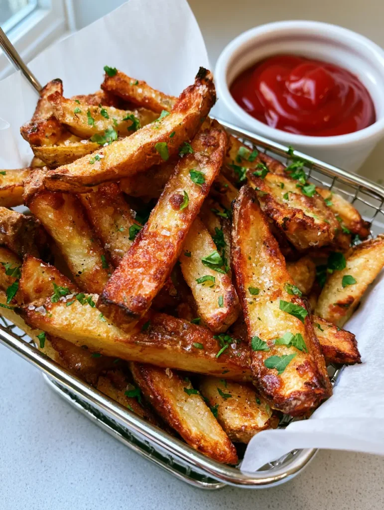 Hand-cut skin-on potatoes in a wire basket lined with parchment paper next to a ramekin of ketchup.