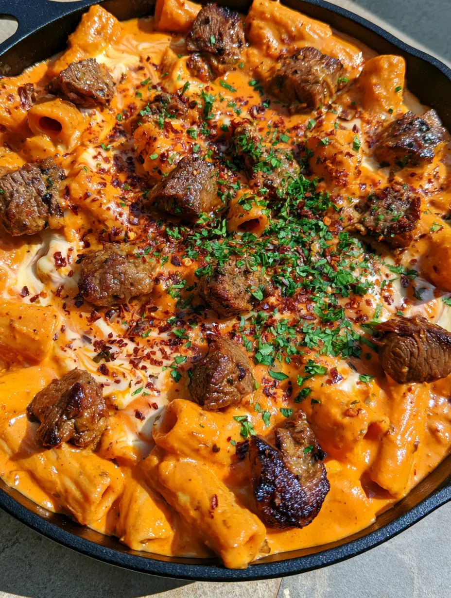 Close up of seared steak bites with a charred crust in a vibrant orange-red Cajun cream sauce.