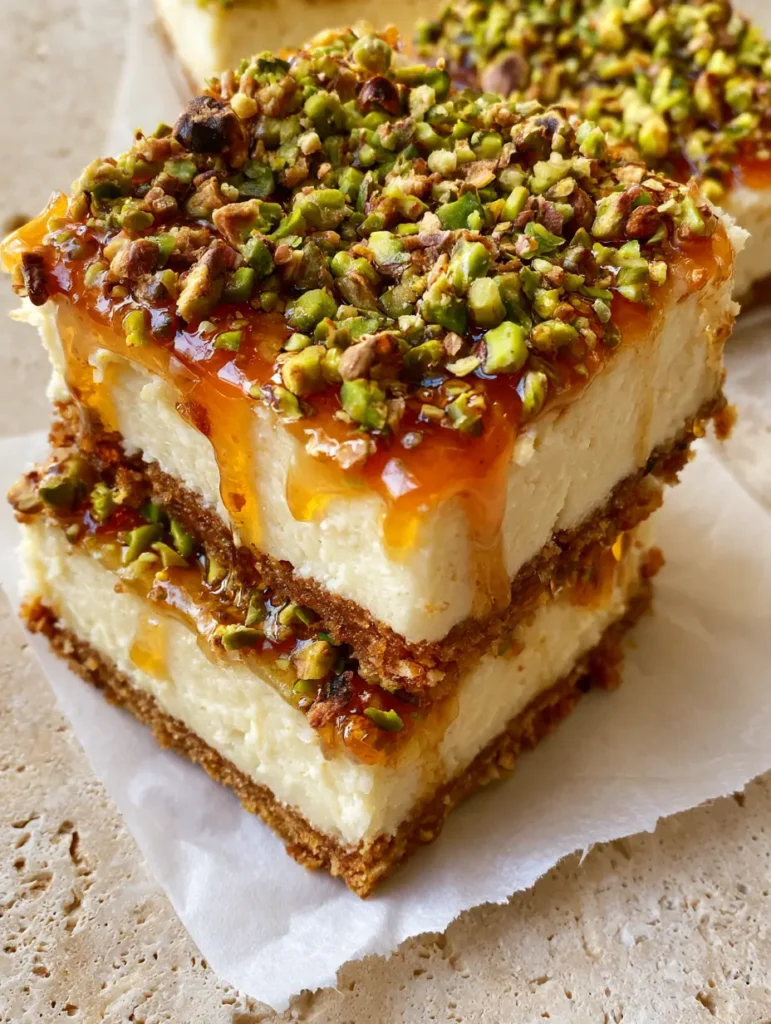 Greek Honey Pistachio Cheesecake Bars: A Mediterranean Dessert Dream 1 A handheld-style photo of Greek Honey Pistachio Cheesecake Bars on a neutral stone surface with soft natural lighting.