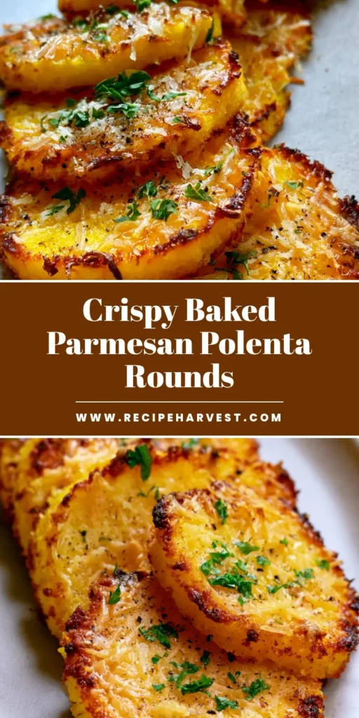 Crispy Parmesan Polenta Rounds with Golden Cheesy Edges 3 A line of Crispy Parmesan Polenta Rounds on a light grey plate, featuring melted parmesan and fresh parsley garnish.