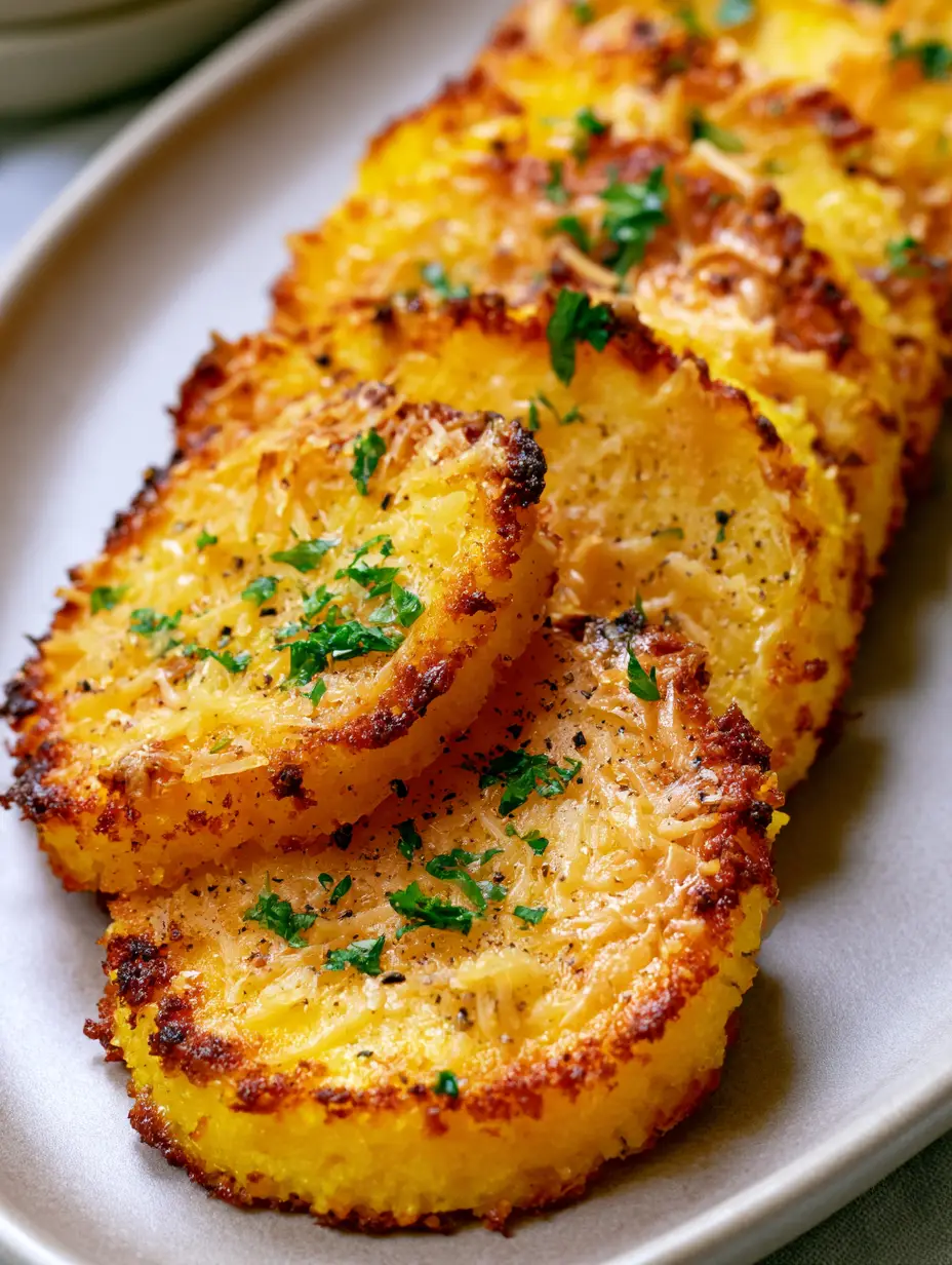 Crispy Parmesan Polenta Rounds with Golden Cheesy Edges 4 Top-down view of yellow polenta rounds with crispy golden-brown edges and melted parmesan cheese. (Crispy Parmesan Polenta Rounds)