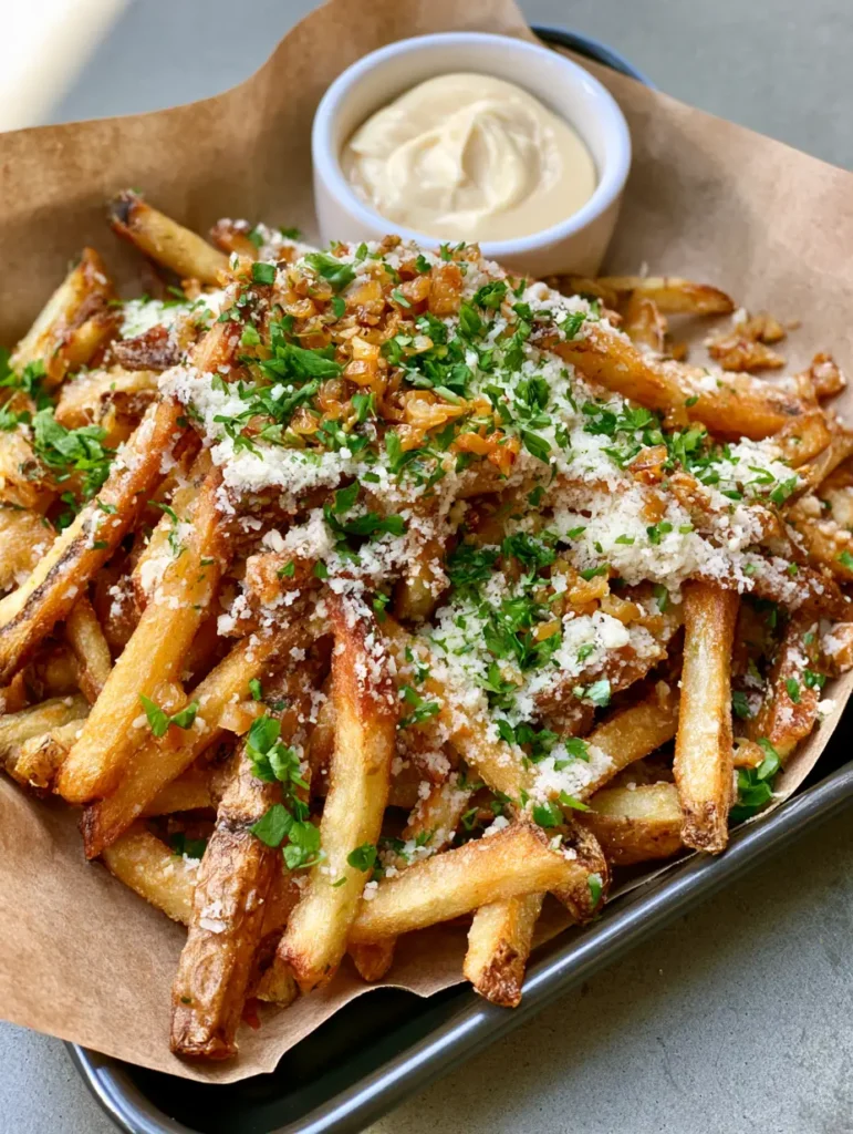 Close up of blistered edges on Garlic Parmesan Fries with green parsley flakes.