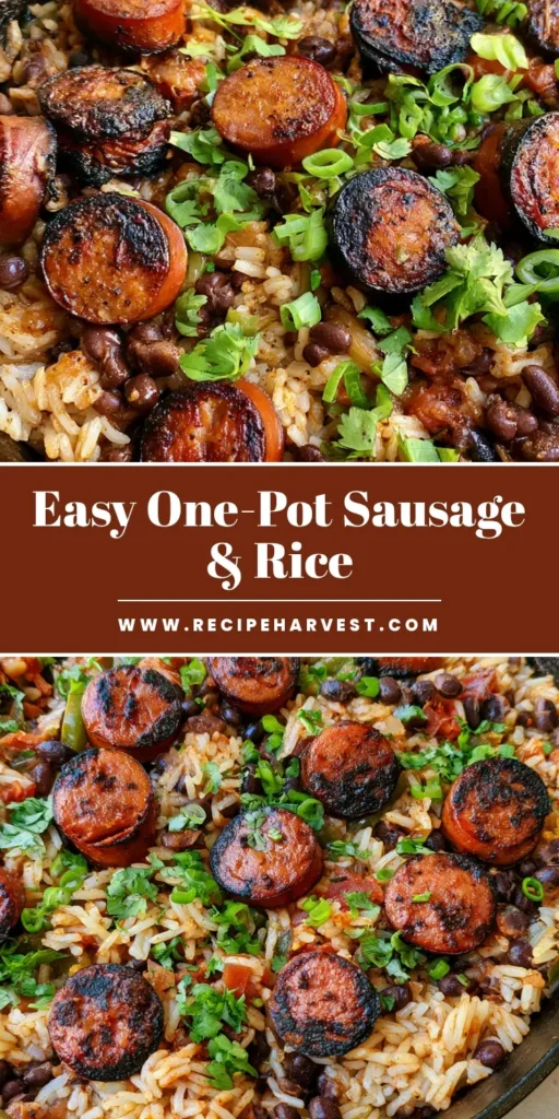 A rustic cast iron skillet filled with fluffy Black Beans and Rice with Sausage, topped with charred sausage rounds, green peppers, and fresh cilantro.