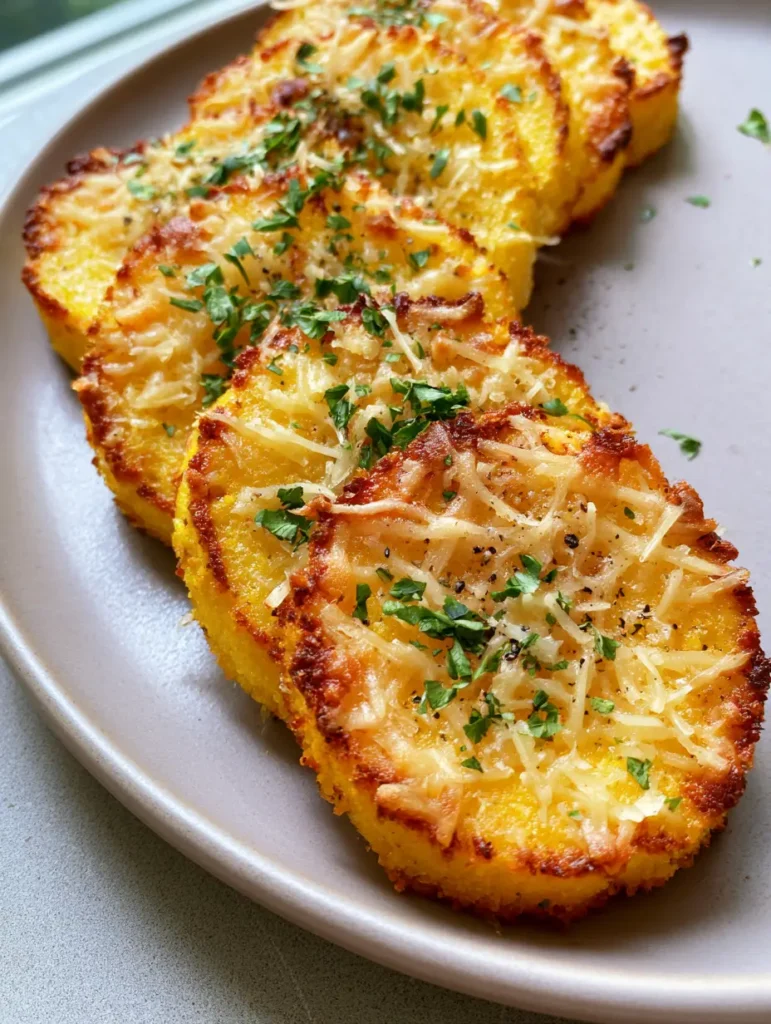 Crispy Parmesan Polenta Rounds with Golden Cheesy Edges 1 Close up of circular yellow polenta slices arranged on a light grey plate, topped with toasted cheese and black pepper. (Crispy Parmesan Polenta Rounds)