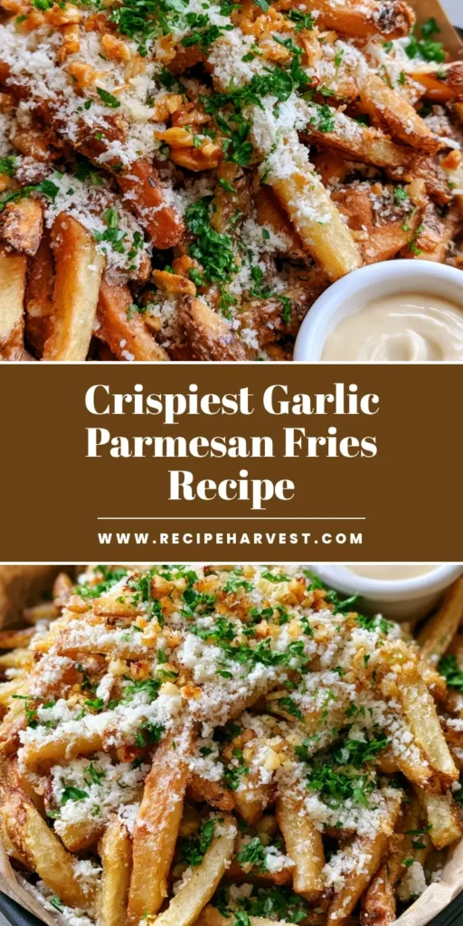 A mound of crispy golden-brown Garlic Parmesan Fries on parchment paper with powdery parmesan, roasted garlic bits, and fresh parsley.