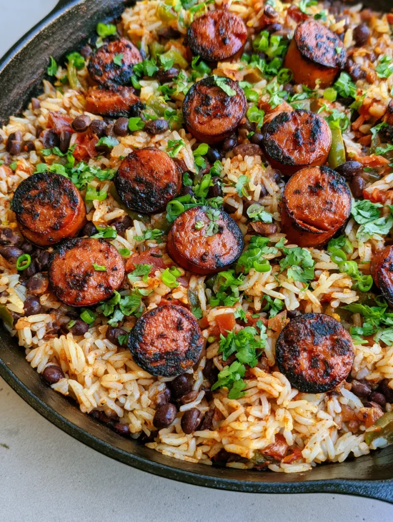 Close up overhead shot of seasoned rice, black beans, and seared smoked sausage in a matte black skillet. (Black Beans and Rice with Sausage)
