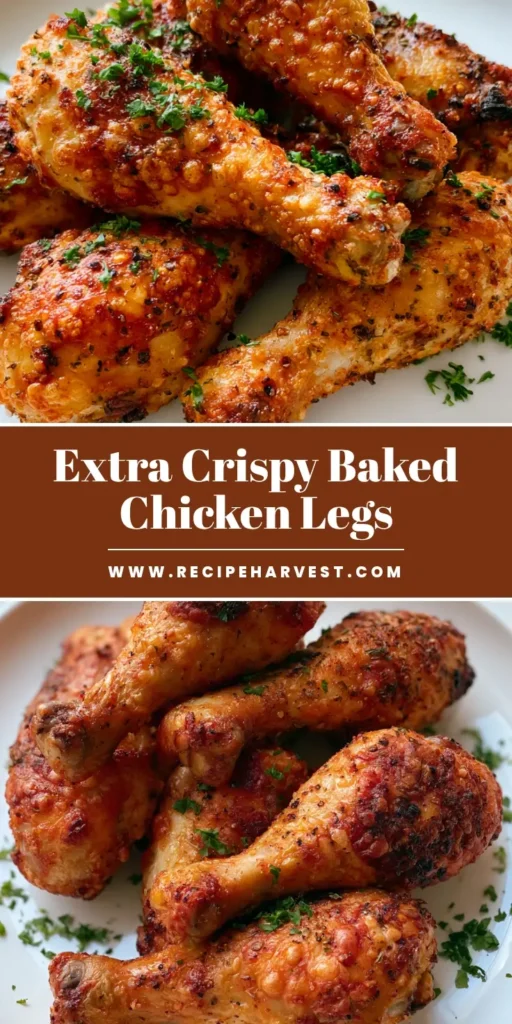 A pile of five Oven Baked Chicken Legs on a white ceramic plate, showing crispy golden-brown skin with black pepper and parsley garnish.
