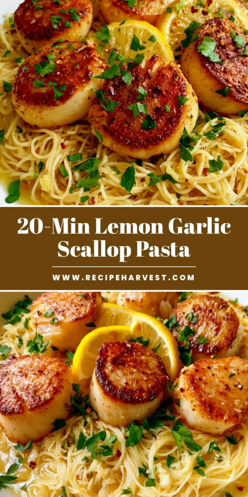 Lemon Garlic Butter Scallops with Glossy Angel Hair Pasta 4 A shallow white bowl of angel hair pasta topped with five golden-seared Lemon Garlic Butter Scallops, lemon slices, and fresh parsley.