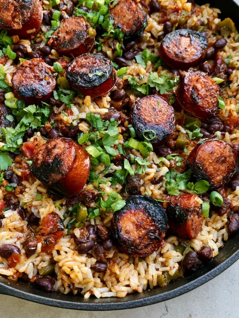 A close up of fluffy rice mixed with black beans and green peppers, garnished with scallions. (Black Beans and Rice with Sausage)