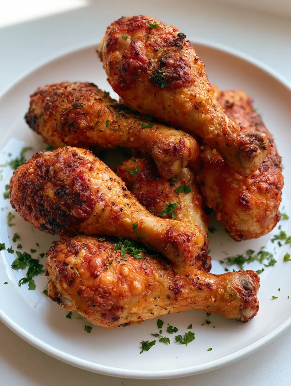 Close-up handheld photo of crispy Oven Baked Chicken Legs with visible herbs and cracked pepper.