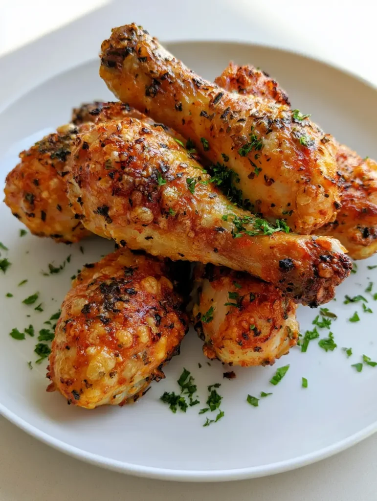 Golden-brown Oven Baked Chicken Legs piled on a white plate under natural daylight.