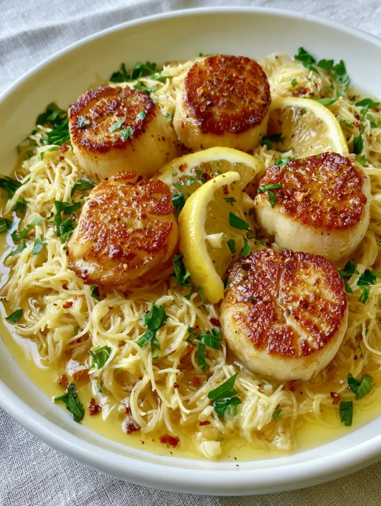 Lemon Garlic Butter Scallops with Glossy Angel Hair Pasta 1 Top down view of Lemon Garlic Butter Scallops in a white ceramic bowl with lemon slices and red pepper flakes.