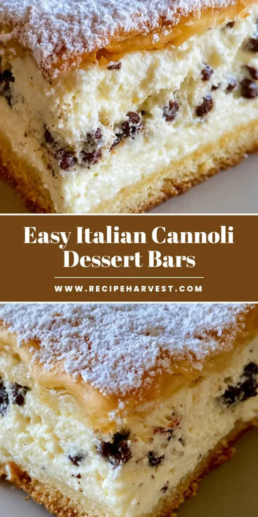 Ricotta Cannoli Squares: The Ultimate Italian Dessert Bar 4 A close-up shot of a square-cut Ricotta Cannoli Square featuring a golden shortbread base, white ricotta filling with chocolate chips, and a flaky powdered sugar top.