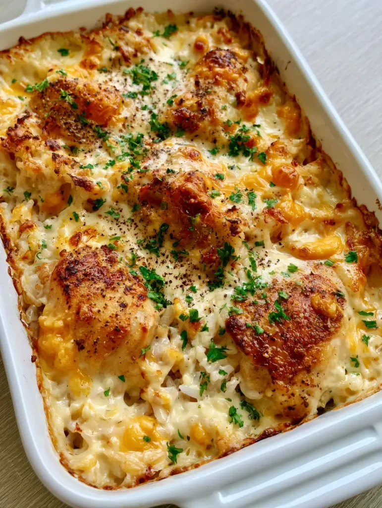 Close-up of toasted rice edges and melted cheddar cheese bubbles in a One-Pan Chicken and Rice Bake.