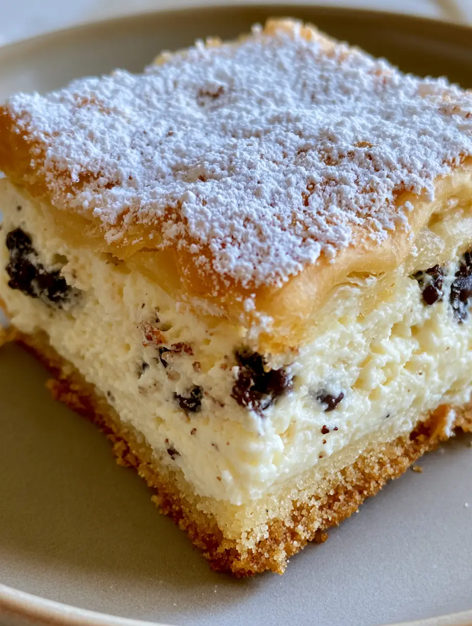Ricotta Cannoli Squares: The Ultimate Italian Dessert Bar 3 Detailed view of the layers of Ricotta Cannoli Squares showing the crumbly shortbread and creamy chocolate chip center.