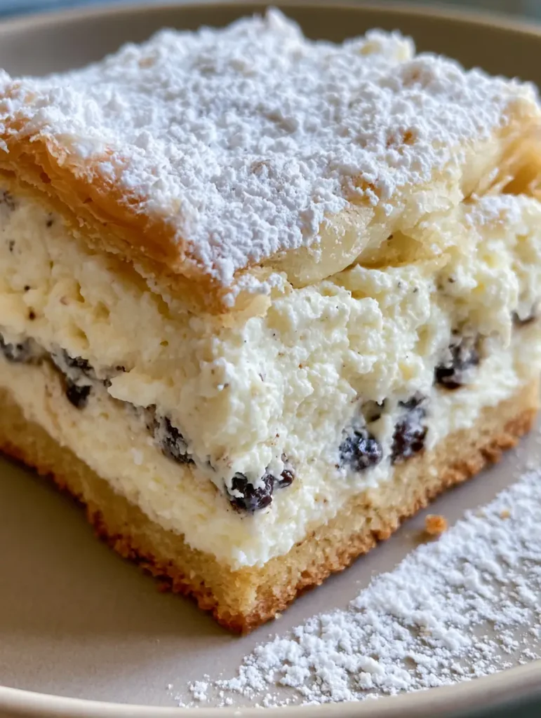 Ricotta Cannoli Squares: The Ultimate Italian Dessert Bar 1 Side view of a Ricotta Cannoli Square on a ceramic plate, highlighting the flaky golden pastry top and powdered sugar.