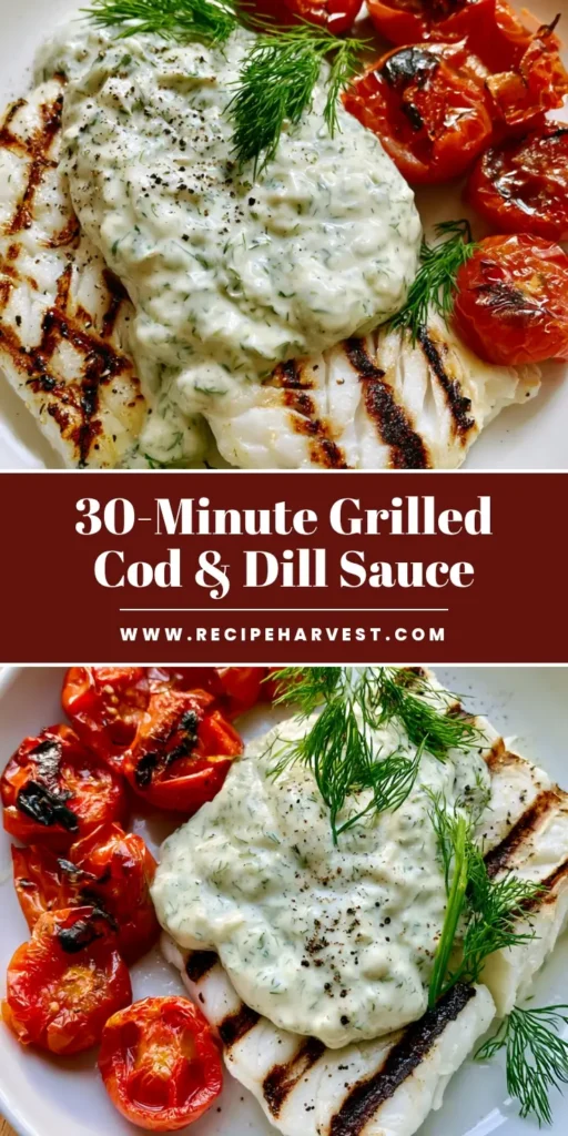 Grilled Cod with Dill Sauce: The Ultimate 20-Minute Gourmet Dinner 3 A top-down shot of Grilled Cod with Dill Sauce on a white plate with blistered tomatoes and fresh dill sprigs.
