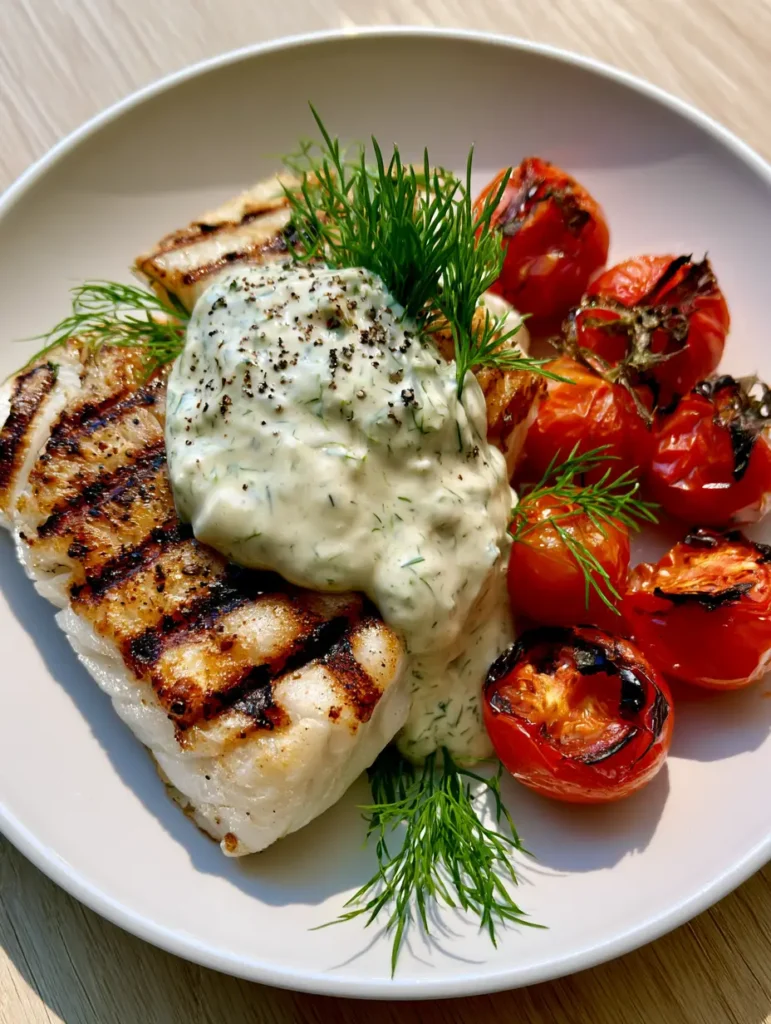 Grilled Cod with Dill Sauce: The Ultimate 20-Minute Gourmet Dinner 2 Handheld photo of Grilled Cod with Dill Sauce showing thick white fillets and creamy sauce.